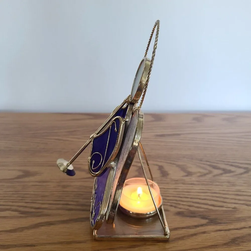 Vintage Stained Glass Tealight Holder Angel Trumpet Candle Display Cobalt Blue